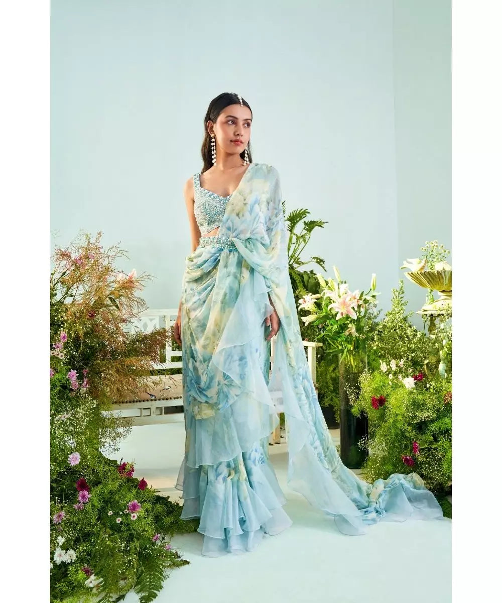 MANI BHATIA - Ice blue floral print Ruffle Saree