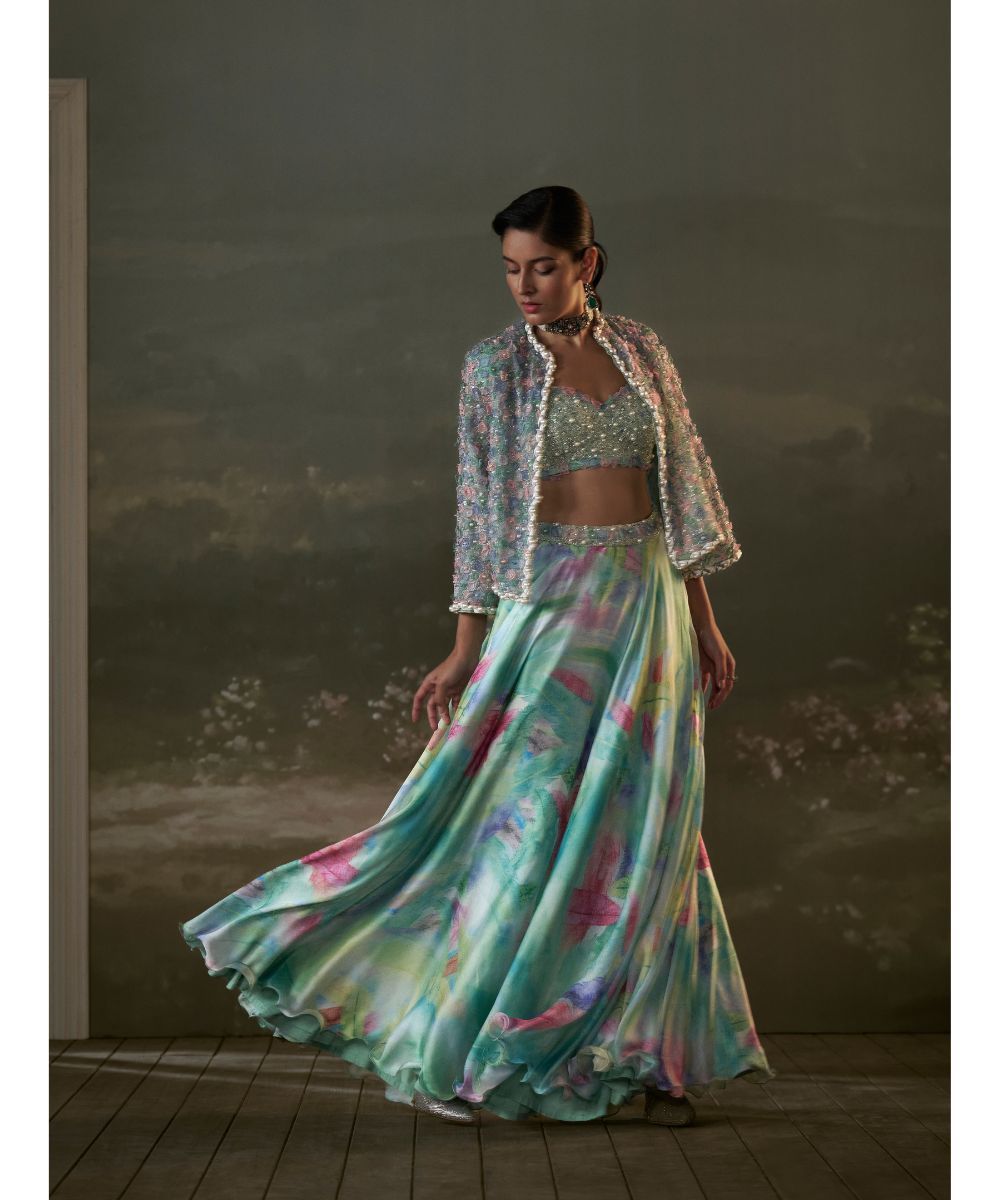NITIKA GUJRAL - Turquoise Lehenga Choli Set With Jacket