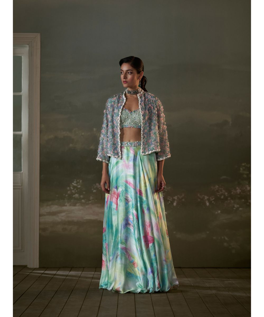 NITIKA GUJRAL - Turquoise Lehenga Choli Set With Jacket