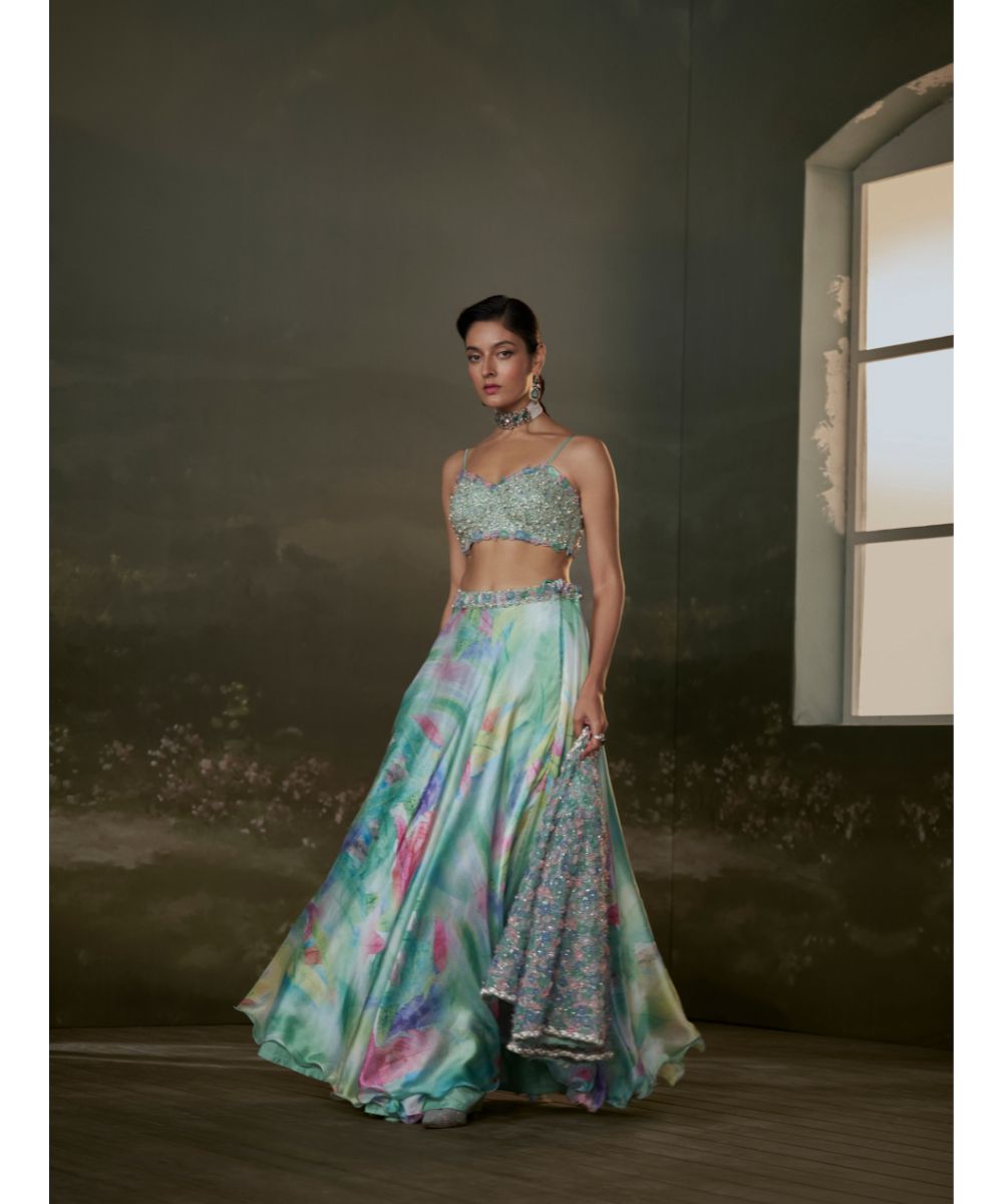 NITIKA GUJRAL - Turquoise Lehenga Choli Set With Jacket