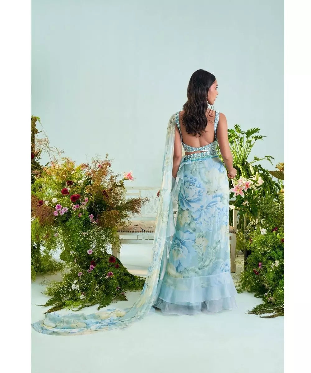 MANI BHATIA - Ice blue floral print Ruffle Saree