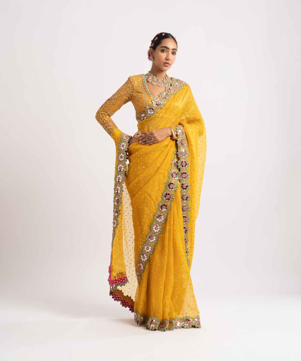 Yellow Hand Cut Mirror Border Saree Set - Collection name Rang by Vvani vats