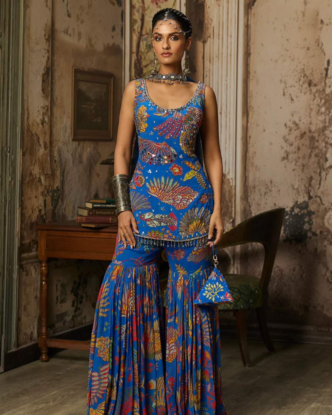 Diya Rajvvir - Electric Blue Printed Highlighted Kurti With Gharara Set from Bahaar
