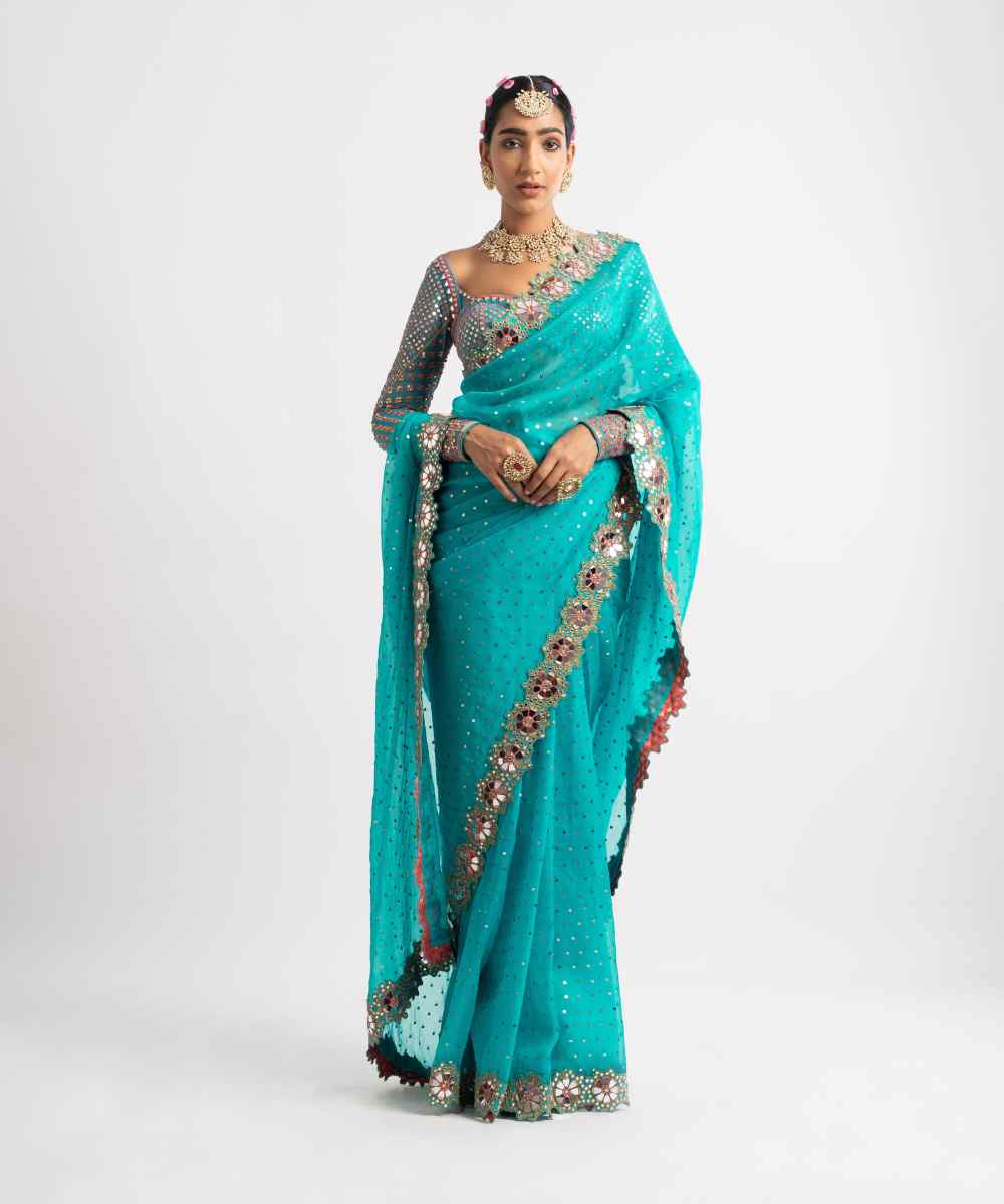 Peacock Green Hand Cut Mirror Border Saree Set - Collection name Rang by Vvani vats