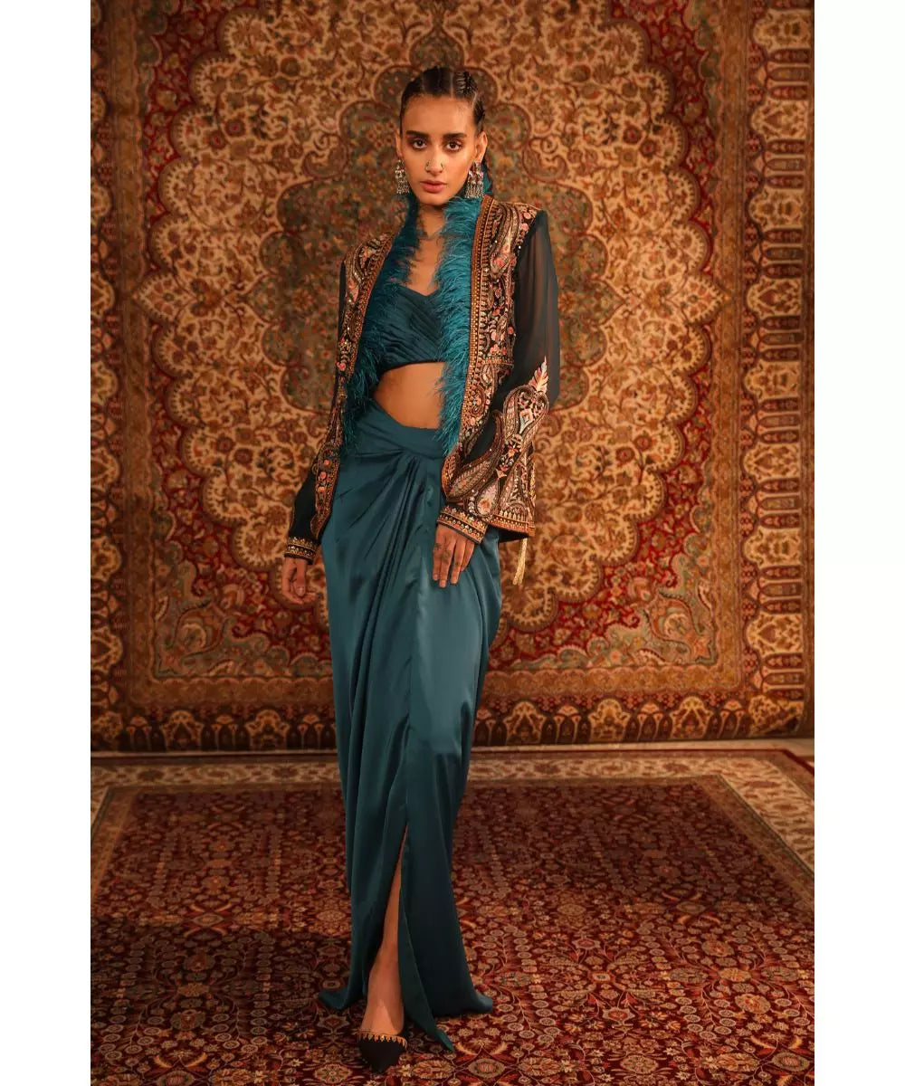 ADITI GUPTA - Teal Jamawaar Jacket with Fur Blouse Draped Skirt