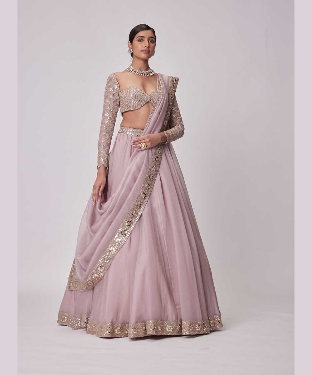 ASH PINK ORGANZA LEHENGA SET -  Collection name Jugmug Bride by Vvani Vats