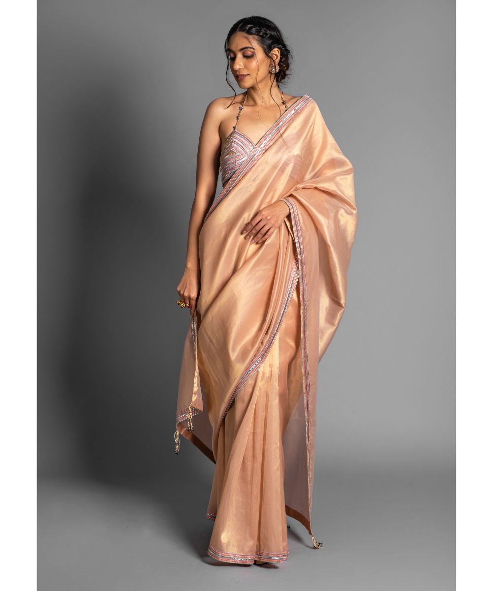 Aastha Sood - Geometric Embroidered Peach Saree