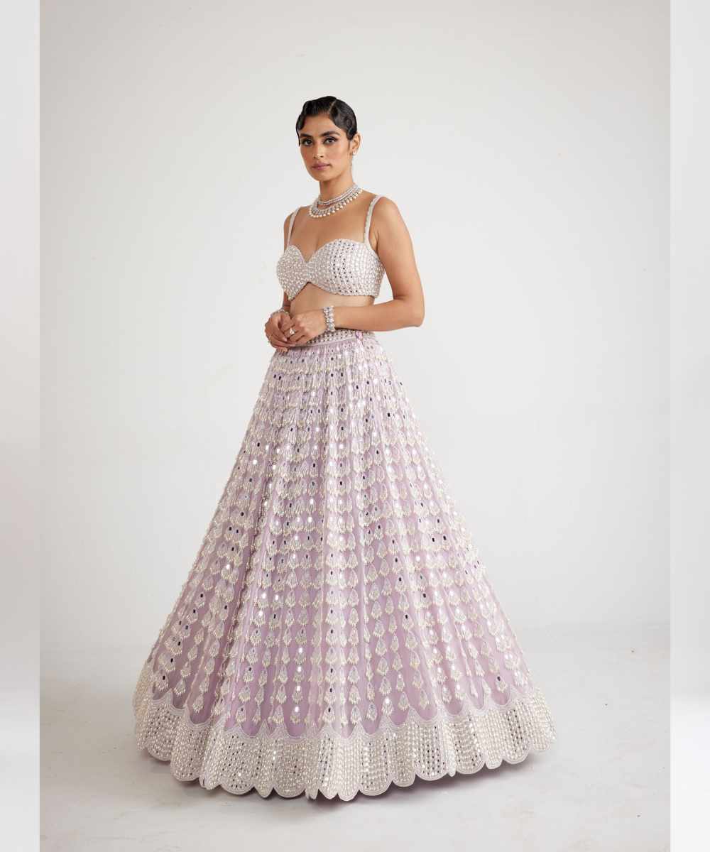Powder Lilac Chandelier Pearl Drop Lehenga Set - Collection name Piroi by Vvani vats