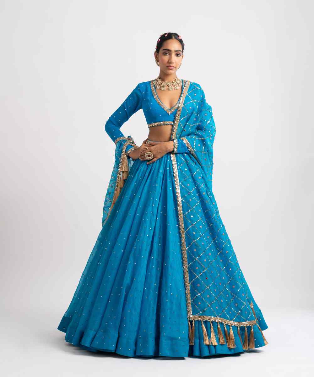 Firozi Silk Organza Heavy Dupatta Lehenga Set - Collection name Rang by Vvani vats