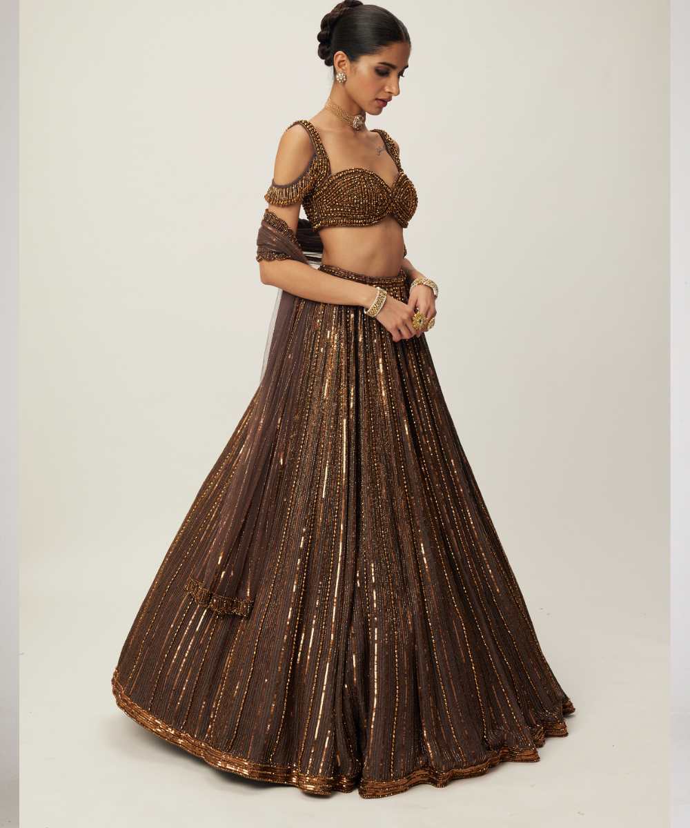 Copper crystal Linear embroidered Lehenga set - Collection name Maya by Vvani Vats