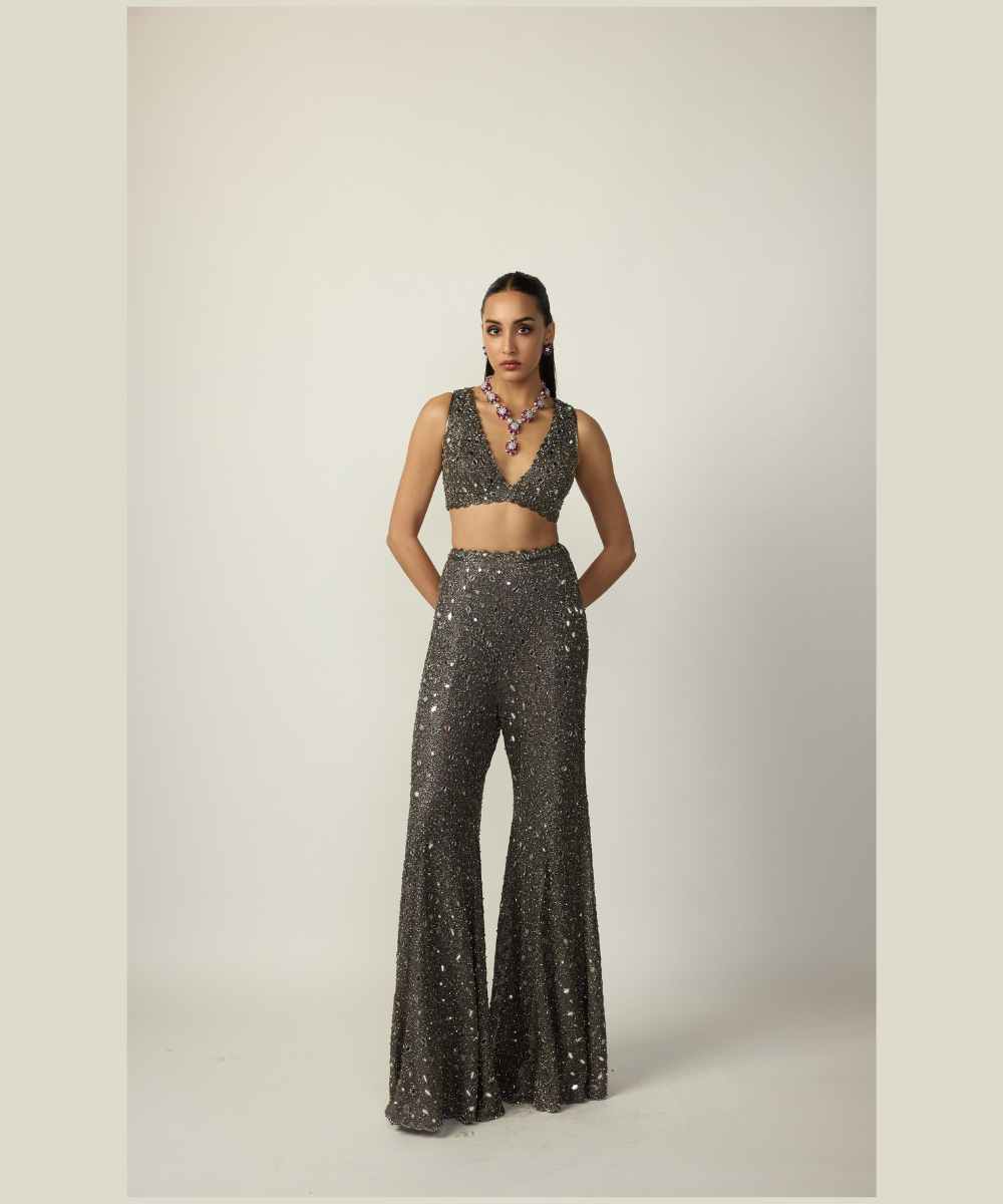 Metallic Grey Blouse Sharara Pant Set