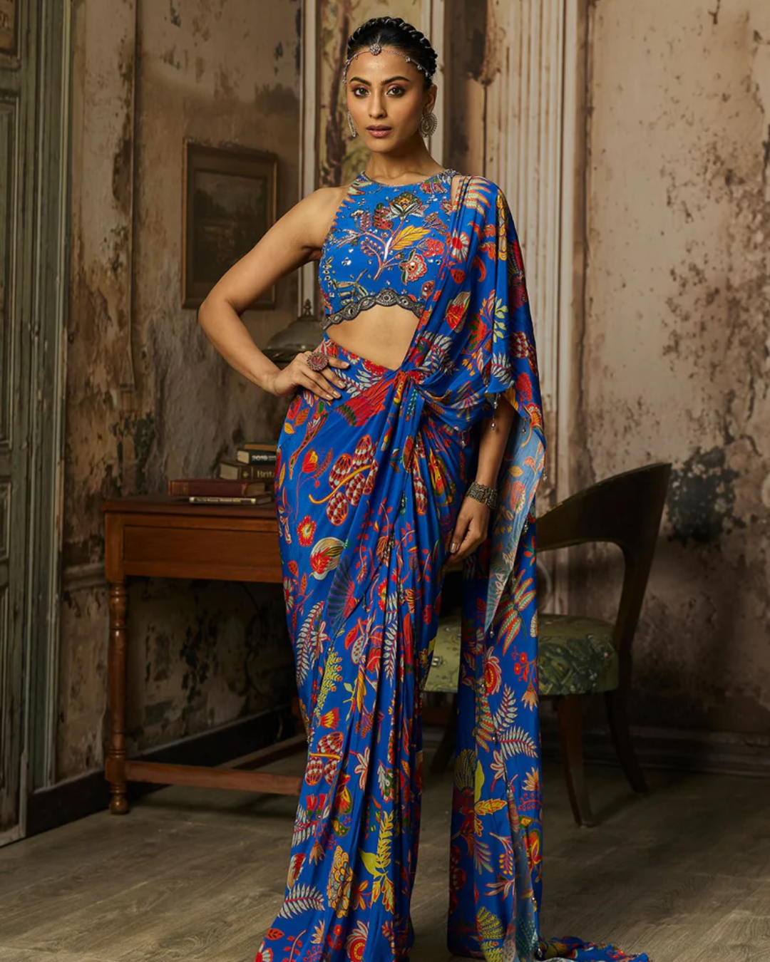 Diya Rajvvir - Electric Blue Printed And Highlighted Dhoti Skirt Saree Set from Bahaar