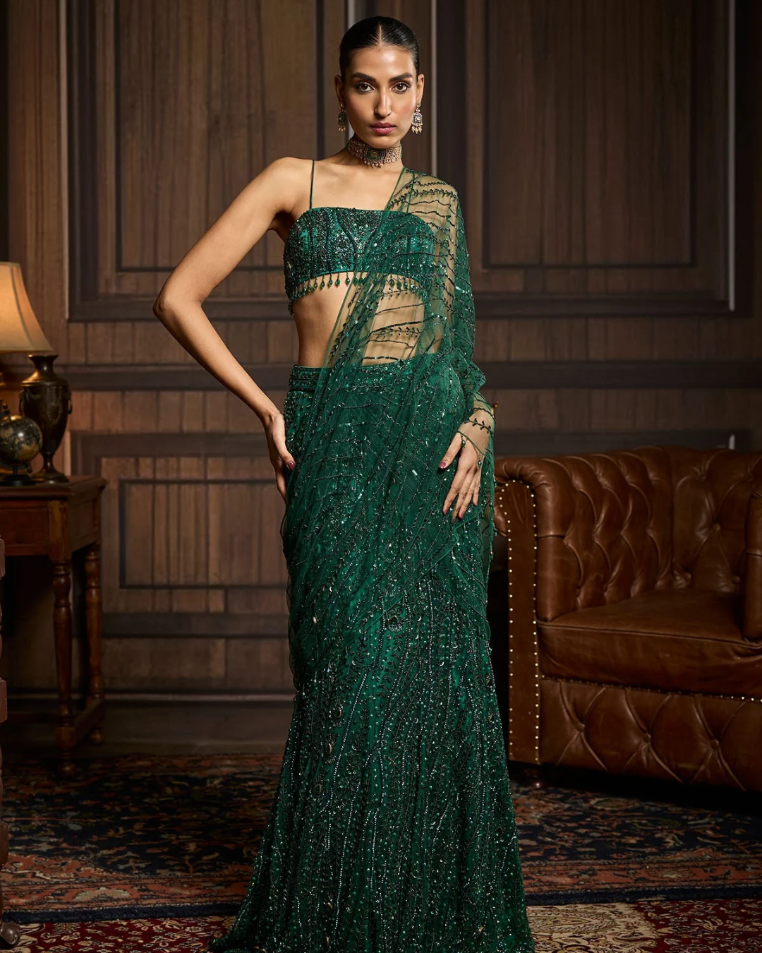 Diya Rajvvir - Emerald Green Embellished Blouse And Pre-Draped Saree Set from Taara