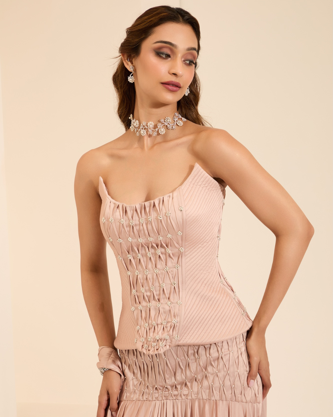 K&A by Karishma and Ashita - Silken Blush Corset & Drape