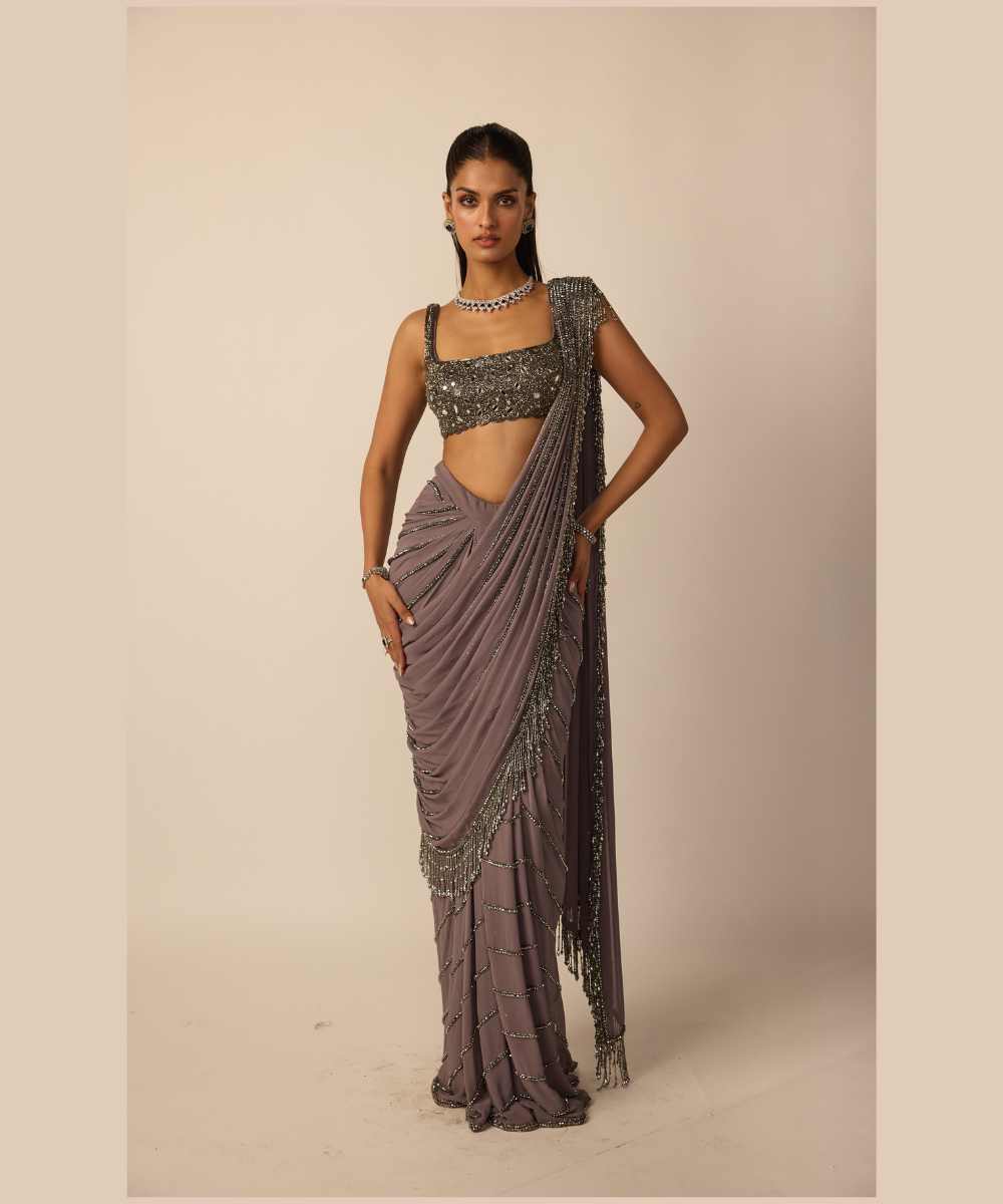 Metallic Grey Linear Draped Saree