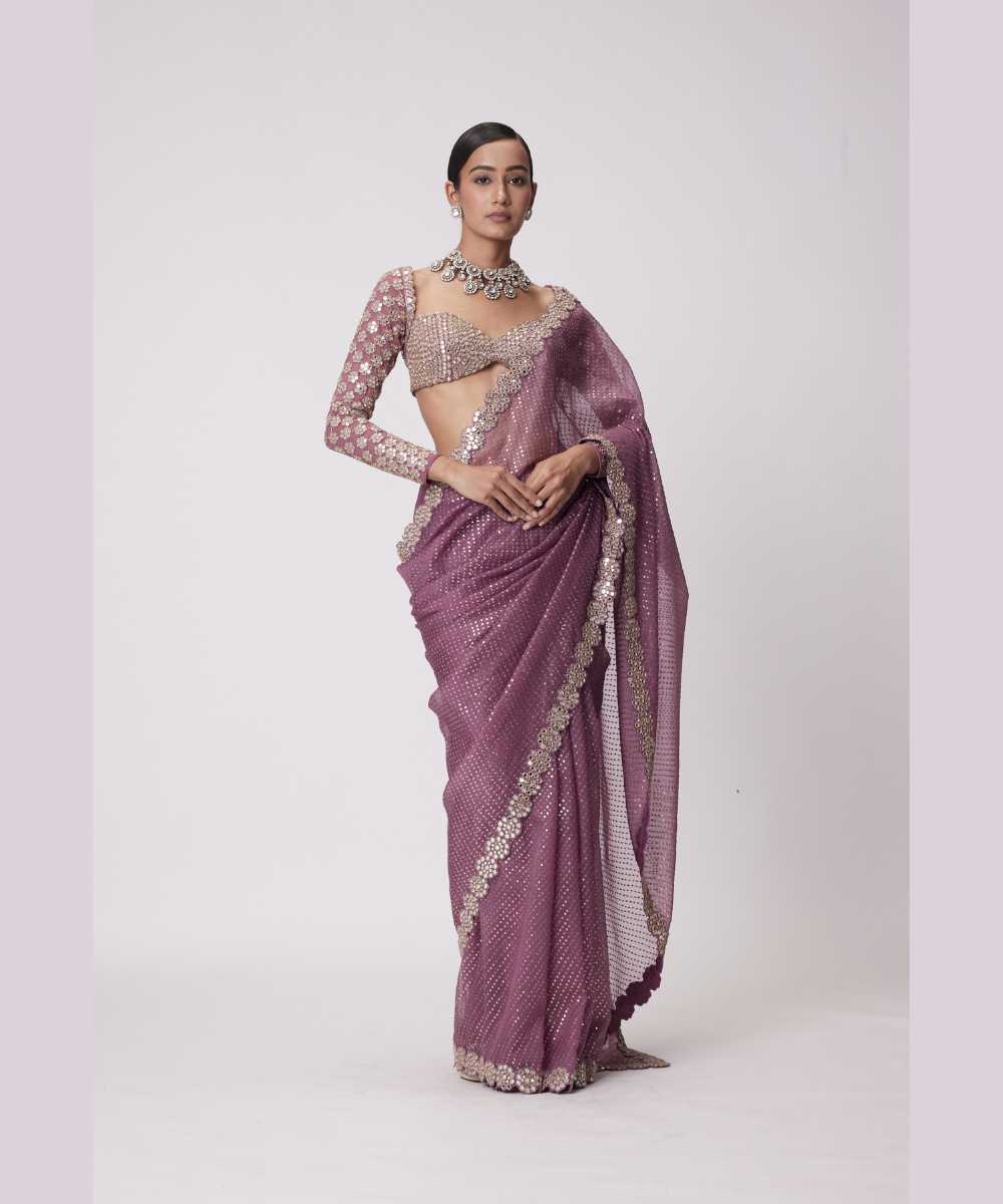 MUD  MAUVE HAND EMBROIDERED ORGANZA SAREE SET - Jugmug Bride by Vvani Vats