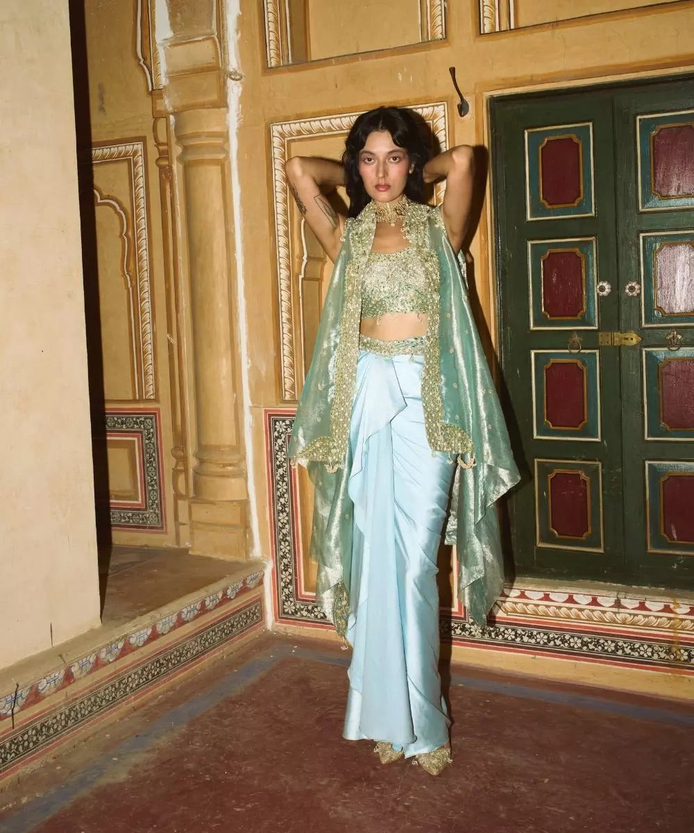 Aditi Gupta -  Powder Blue drape satin Skirt  Set with pure tissue cape