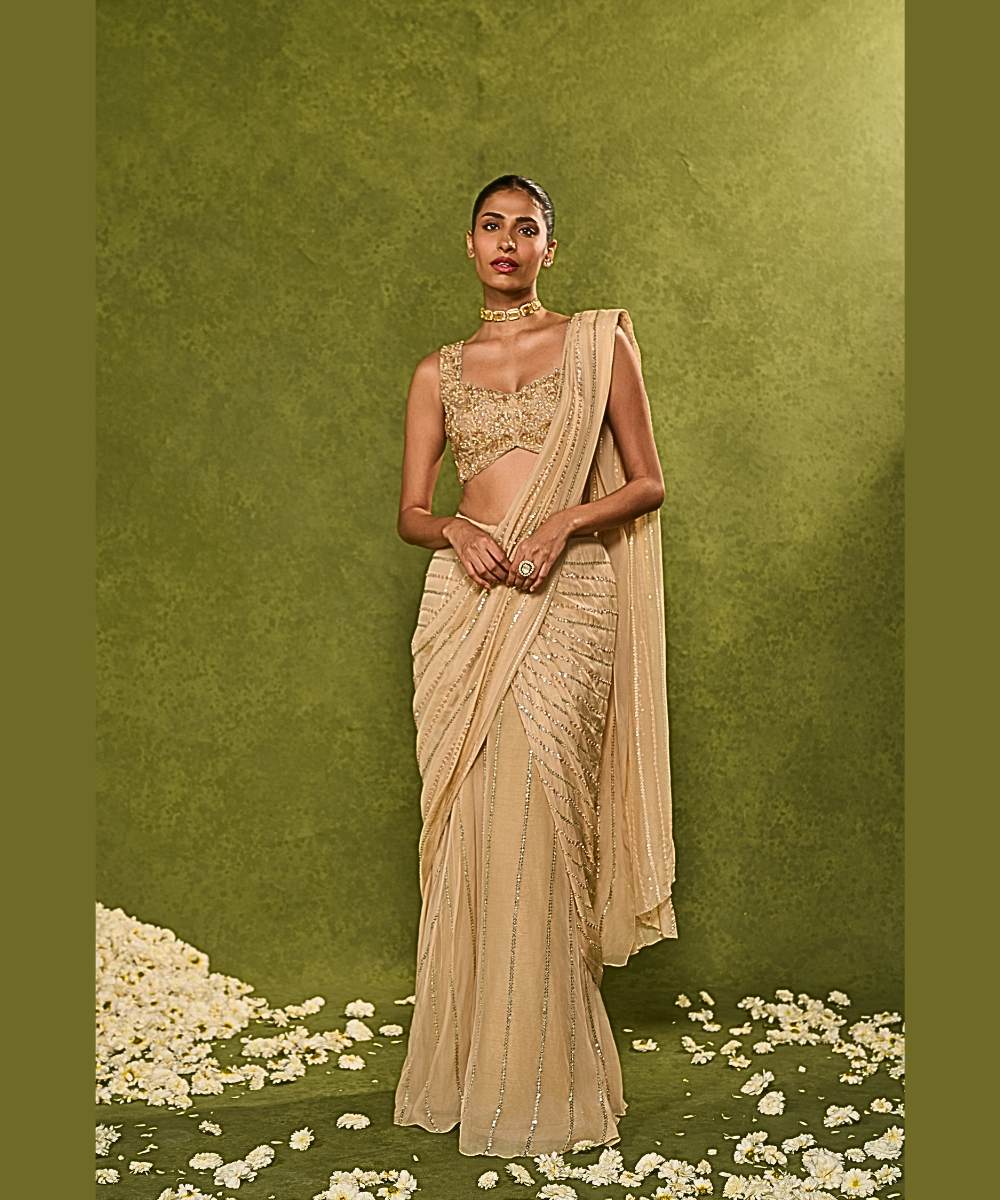 AALIYAH SAREE - Organza pre-draped saree embellished with glassbeads - Leher by Chamee and Palak