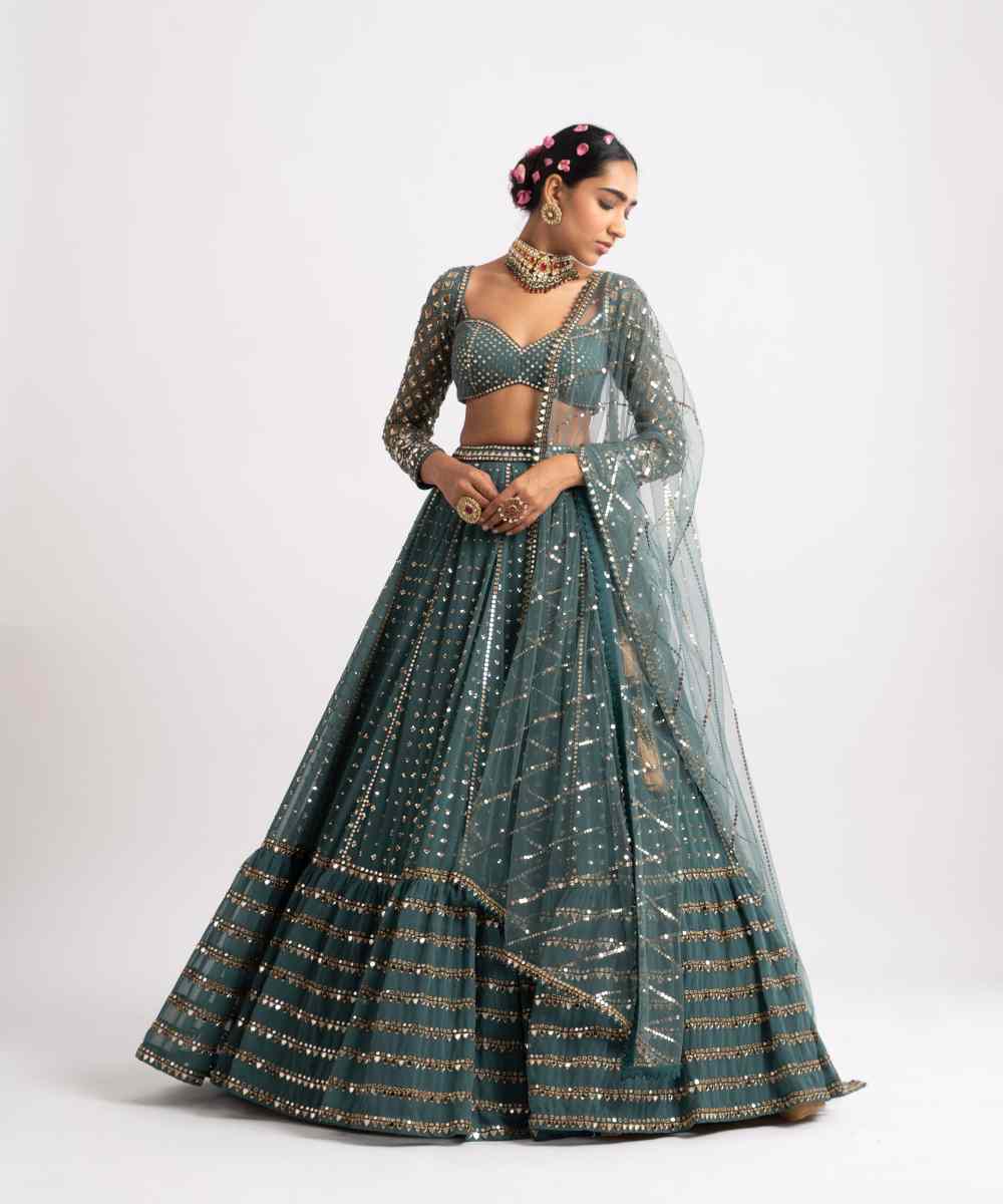 Mud Green Single Tier Lehenga Set - Collection name Rang by Vvani vats