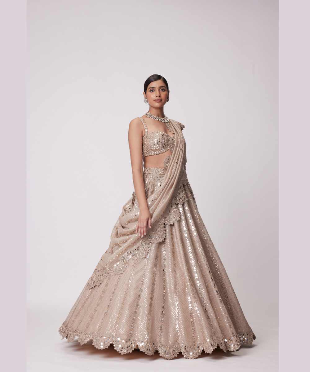 LIGHT BEIGE SEQUIN EMBROIDERED LEHENGA SET - Jugmug Bride by Vvani Vats