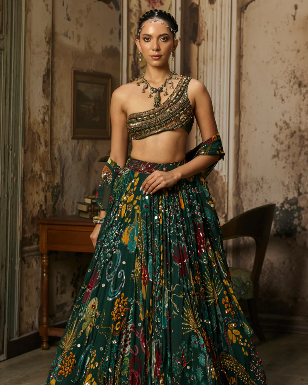 Diya Rajvvir - Dark Green Embellished Blouse With Printed And Highlighted Lehenga Set from Bahaar