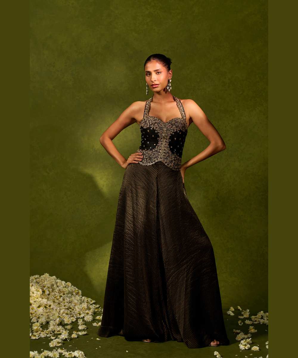 NAINA WITH FLARED PANTS - Tissue jamewar flared pants paired with a statement halter blouse - Leher by Chamee and Palak