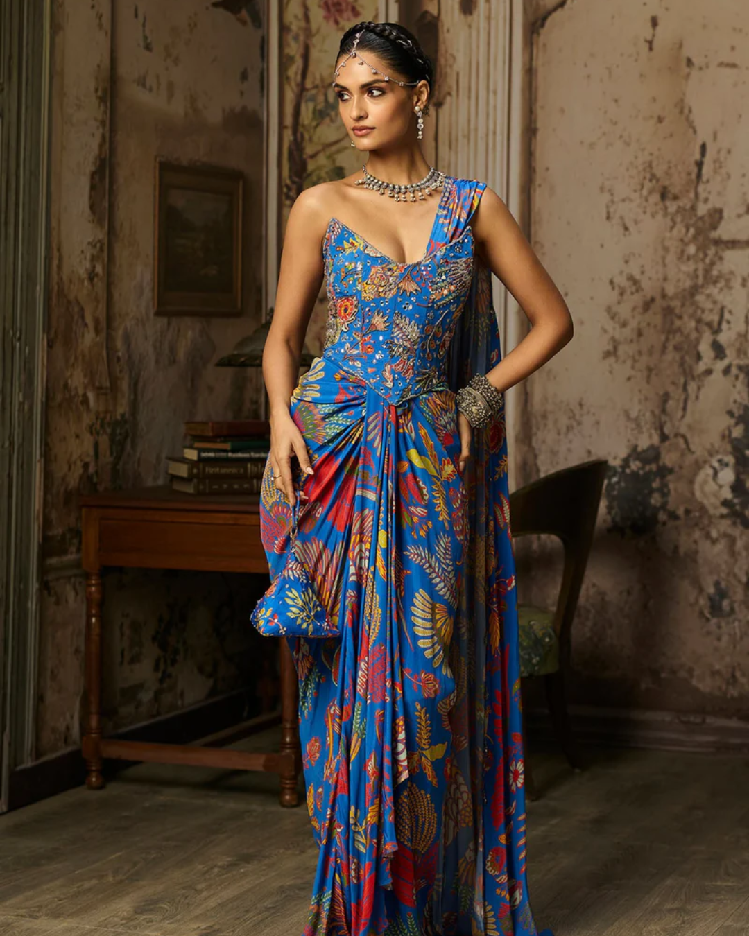 Diya Rajvvir - Electric Blue Printed And Highlighted Corset Dhoti Skirt Saree Set from Bahaar