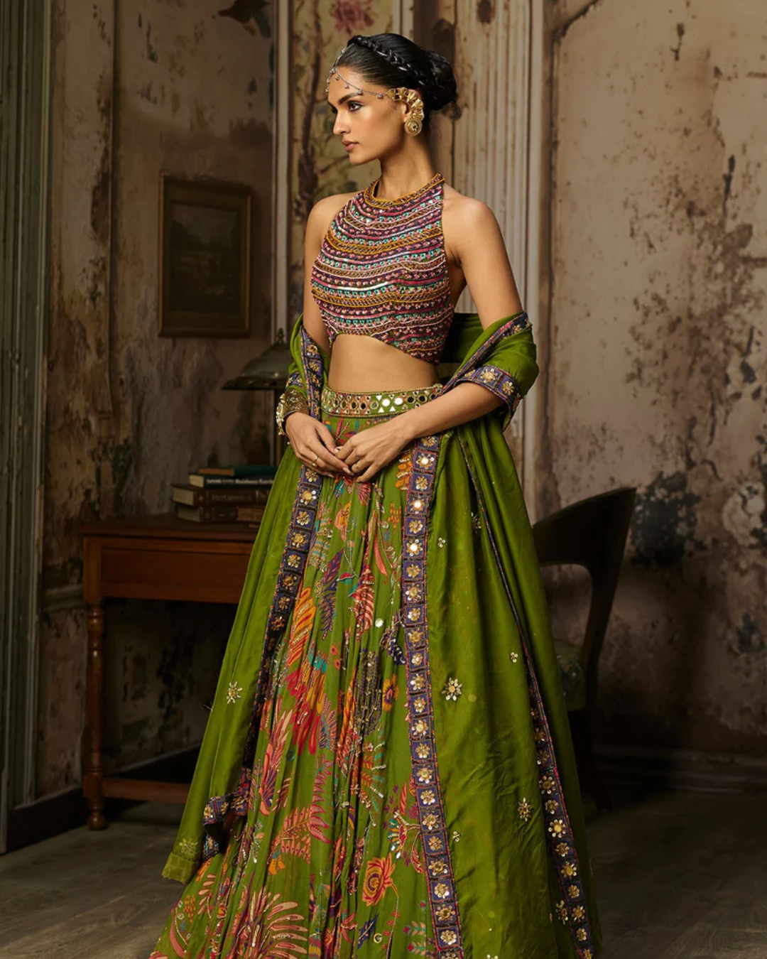Diya Rajvvir - Colorful Embroidered Blouse With Pear Green Lehenga Set from Bahaar