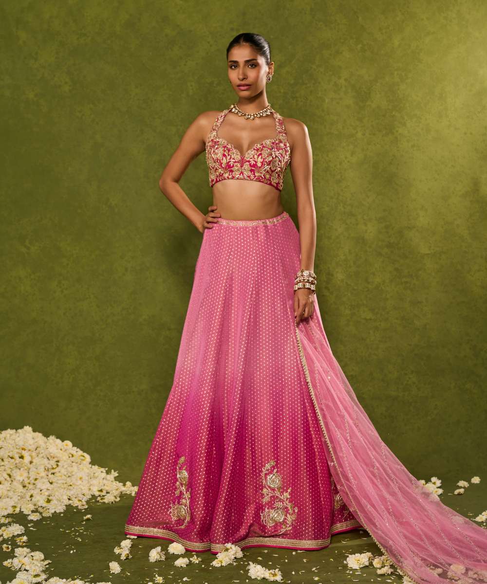 INARA LEHENGA - Light-to-dark pink ombré tissue jamewar lehenga -  Leher by Chamee and Palak