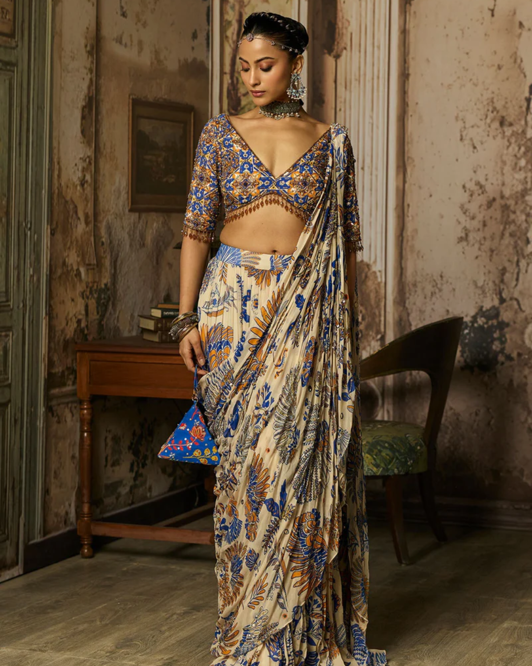 Diya Rajvvir - Ivory Printed And Highlighted Tiered Skirt Saree Set from Bahaar