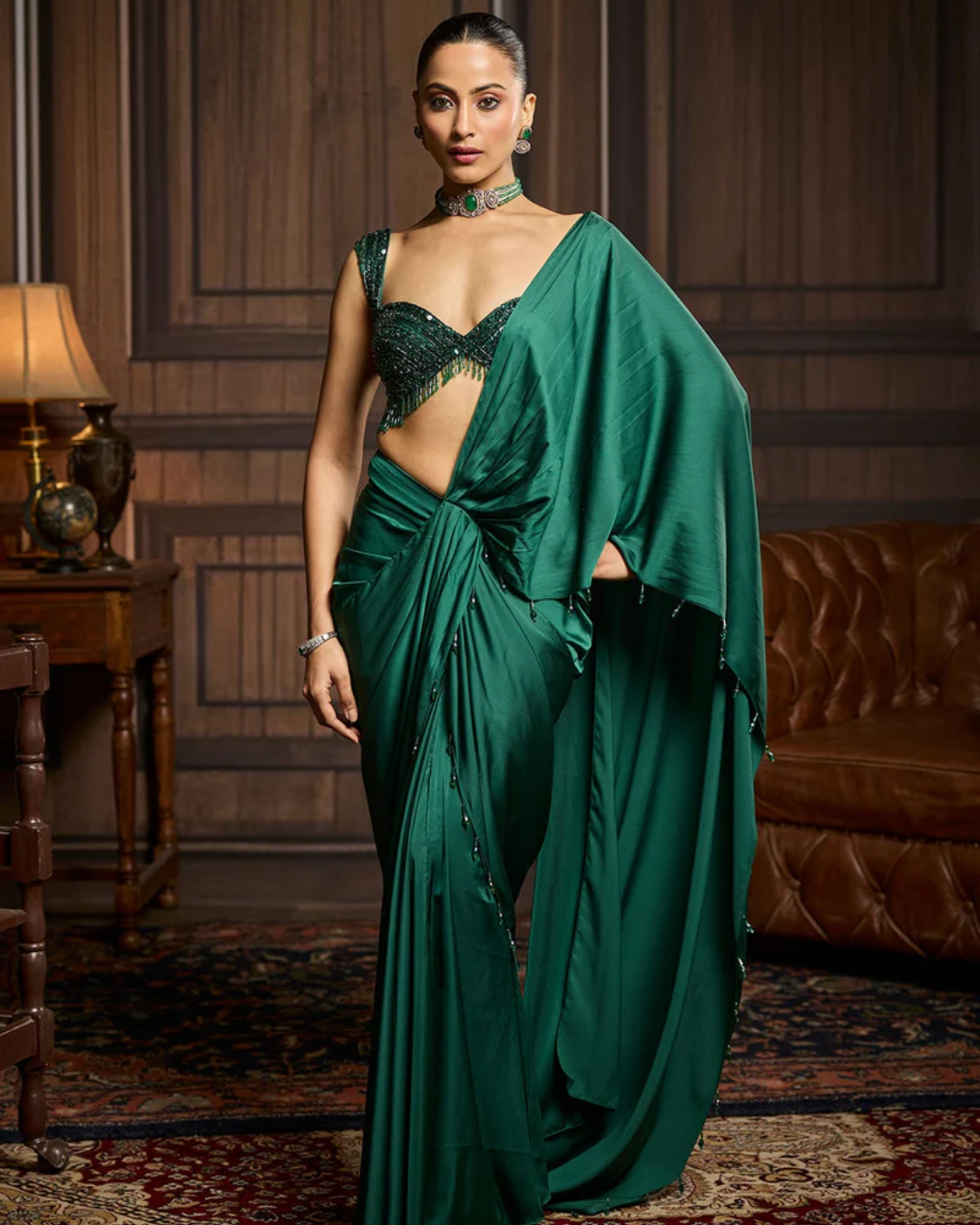 Diya Rajvvir - Emerald Green Embellished Blouse And Pre-Draped Dhoti Saree Set from Taara