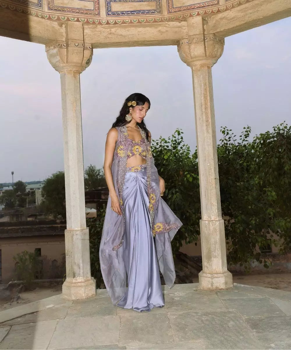 Aditi Gupta -  Lilac drape satin Skirt  Set with organza cape