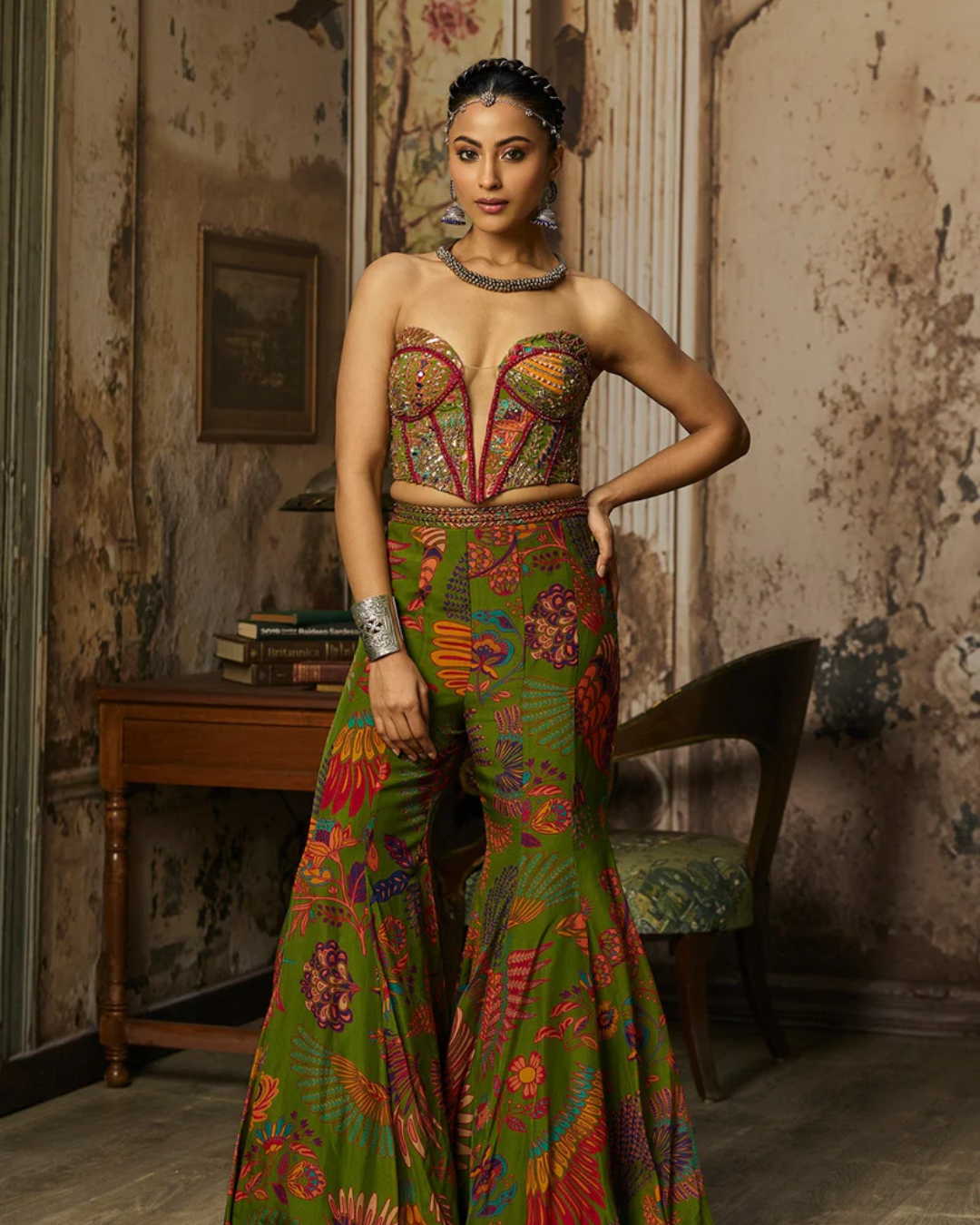 Diya Rajvvir - Pear Green Printed Highlighted Bell Bottom Pants Set from Bahaar