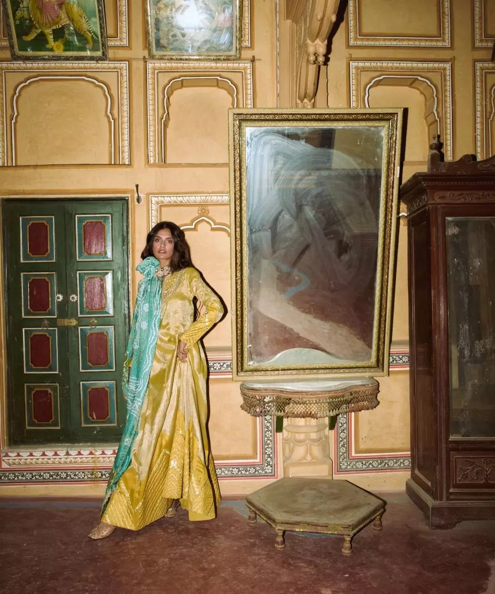 Aditi Gupta - Mustard Yellow tissue Anarkali with firozi silk dupatta