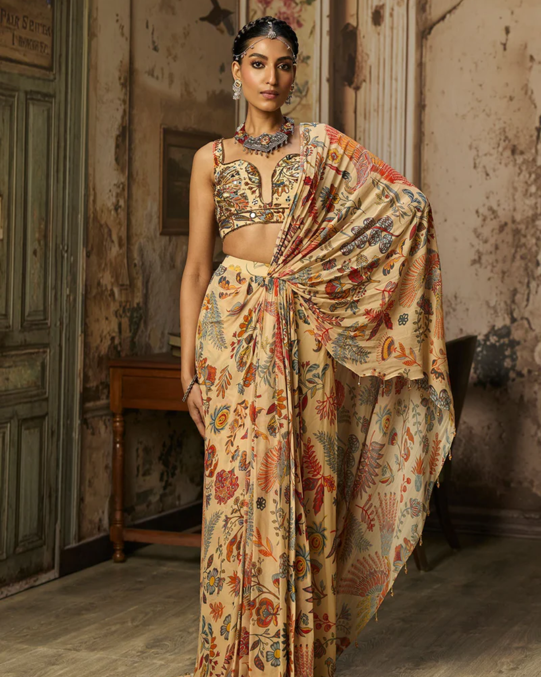 Diya Rajvvir - Beige Printed And Highlighted Blouse Skirt Saree Set from Bahaar