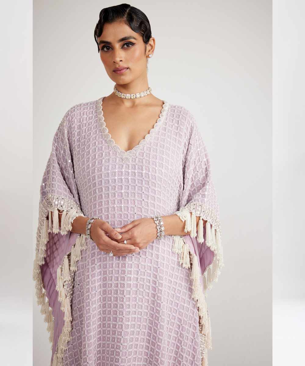 Powder Lilac Chandelier Pearl Drop Kaftan Set - Collection name Piroi by Vvani vats