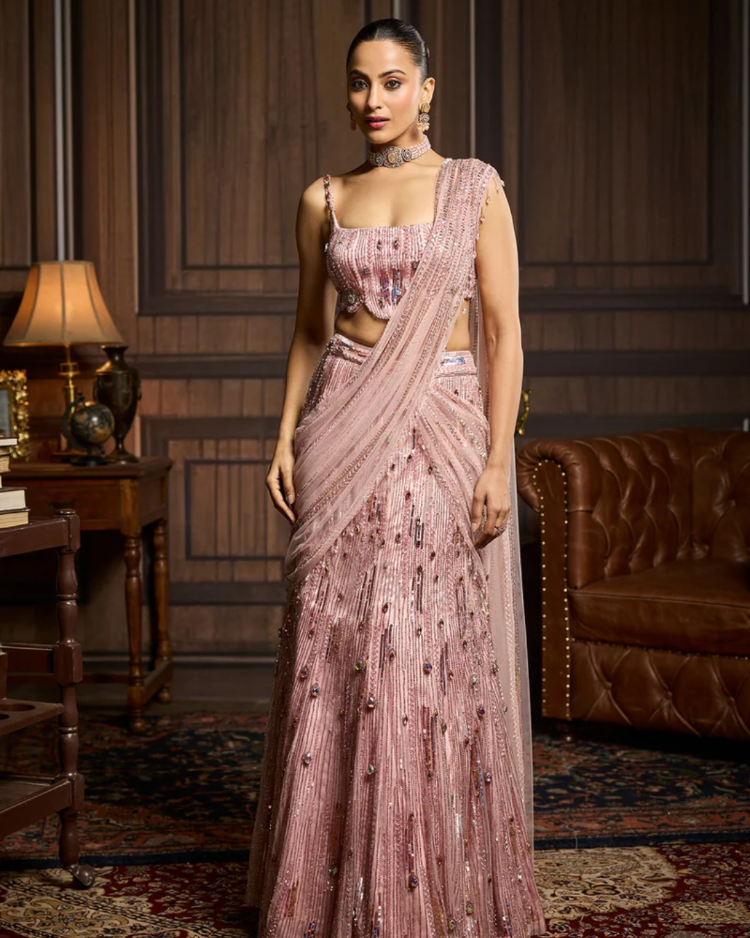 Diya Rajvvir - Blush Pink Embellished Pre-Draped Skirt Saree Set from Taara
