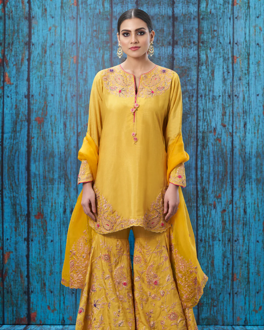 Niti Bothra - Mustard Kairi Buta Jaal Sharara Set (Sale Piece)