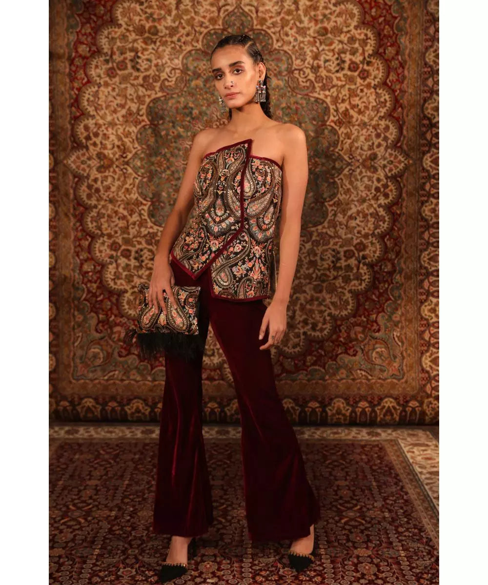 ADITI GUPTA - Wine Jamawaar Wrap around Strapless Top with Velvet Straight Pants