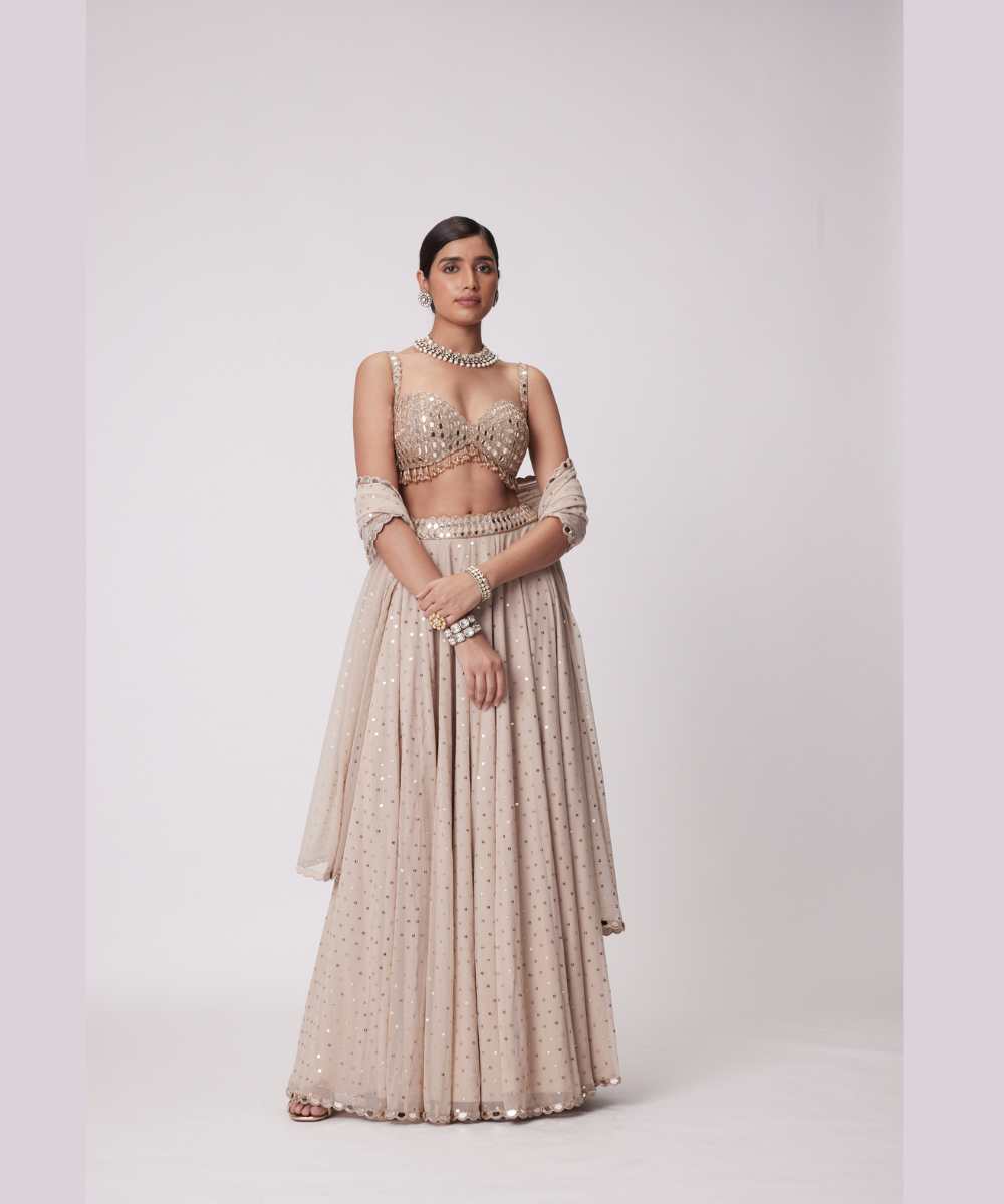 LIGHT BEIGE GEORGETTE LEHENGA PANTS SET - Jugmug Bride by Vvani Vats
