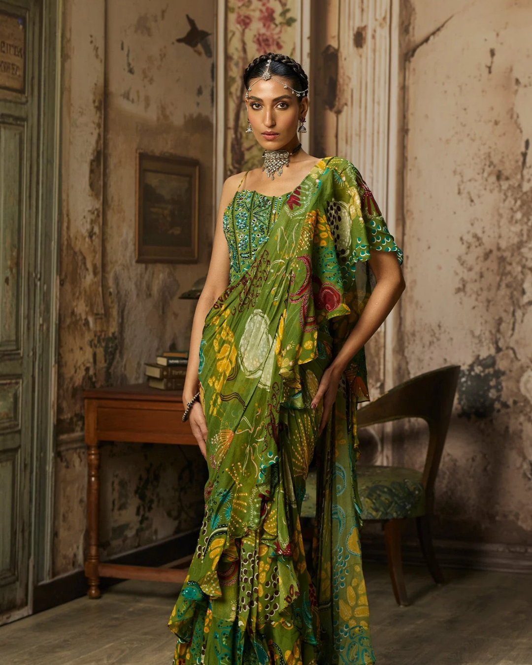 Diya Rajvvir - Pear Green Printed And Highlighted Skirt Saree Set from Bahaar