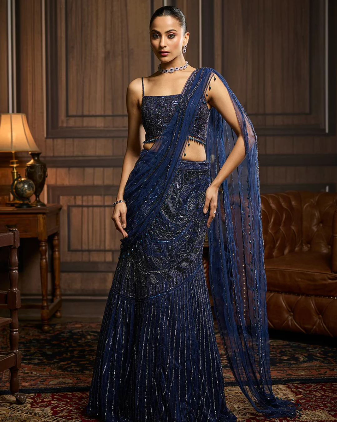 Diya Rajvvir - Midnight Blue Embellished Pre-Drapedskirt Saree Set from Taara
