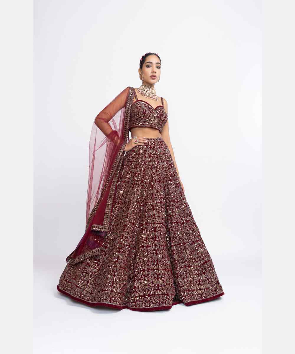 Maroon fully embroidered corset lehenga set