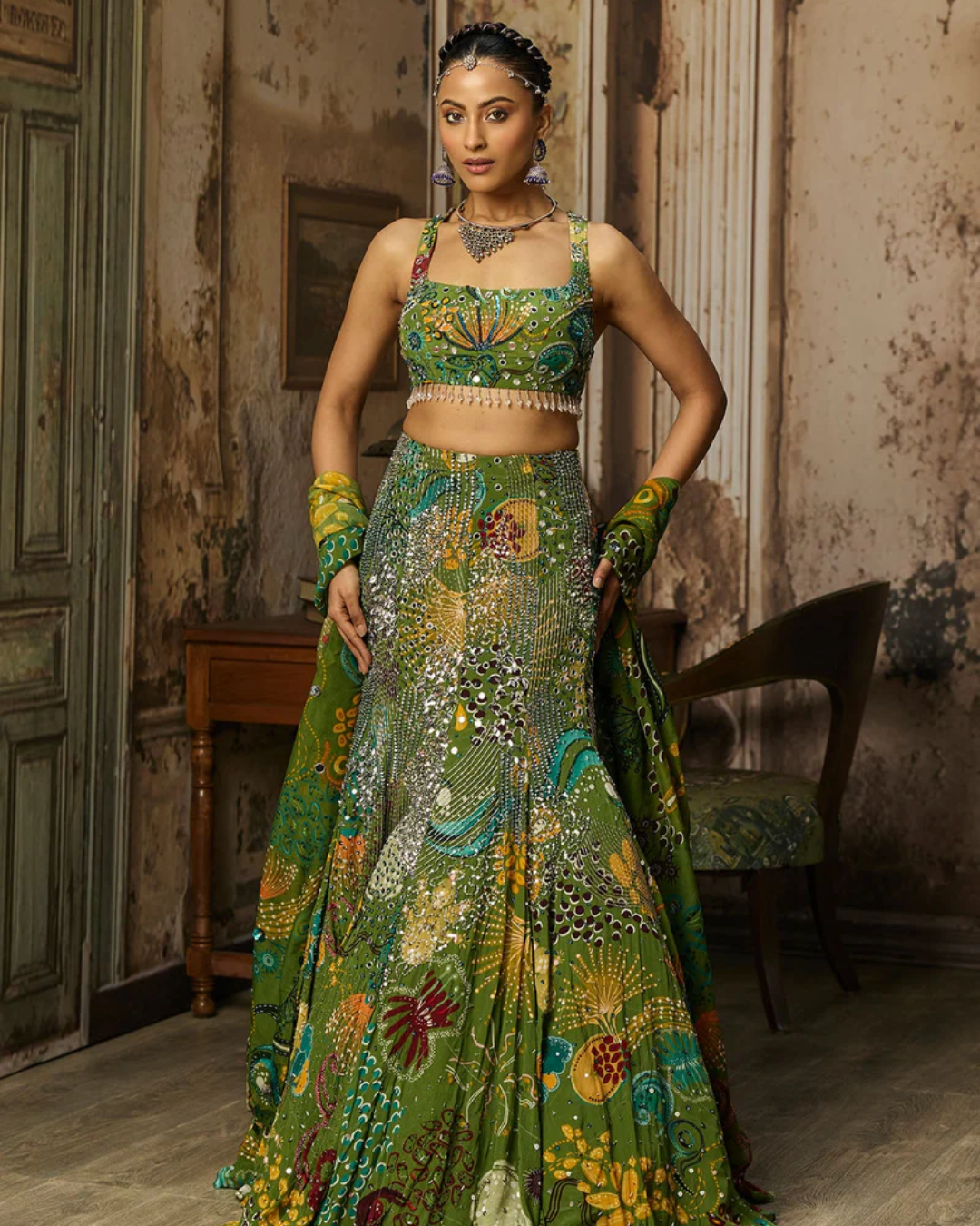 Diya Rajvvir - Pear Green Printed And Highlighted Mermaid Skirt Set from Bahaar