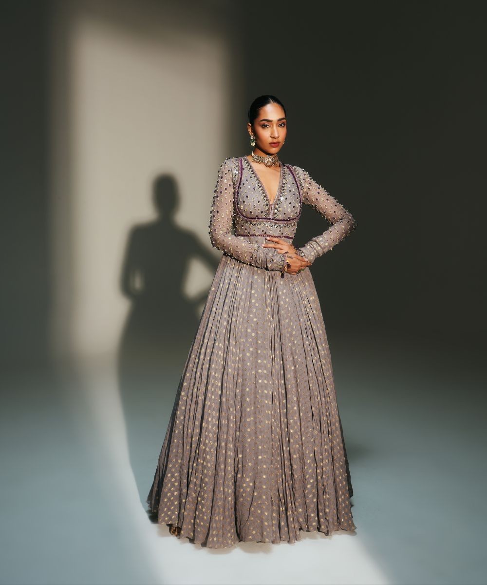 SIDRA - HAND EMBROIDERED FULL SLEEVES ANARKALI PAIRED WITH MATCHING DUPATTA - Mehfil by Mahima Mahajan