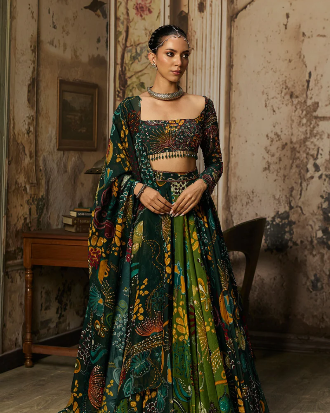 Diya Rajvvir - Dark Green Dual Printed And Highlighted Lehenga Set from Bahaar