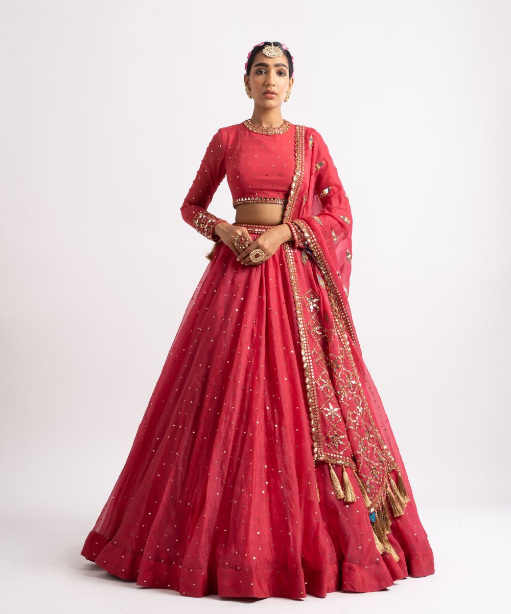 Deep Coral Silk Organza Heavy Dupatta Lehenga Set - Collection name Rang by  Vvani vats