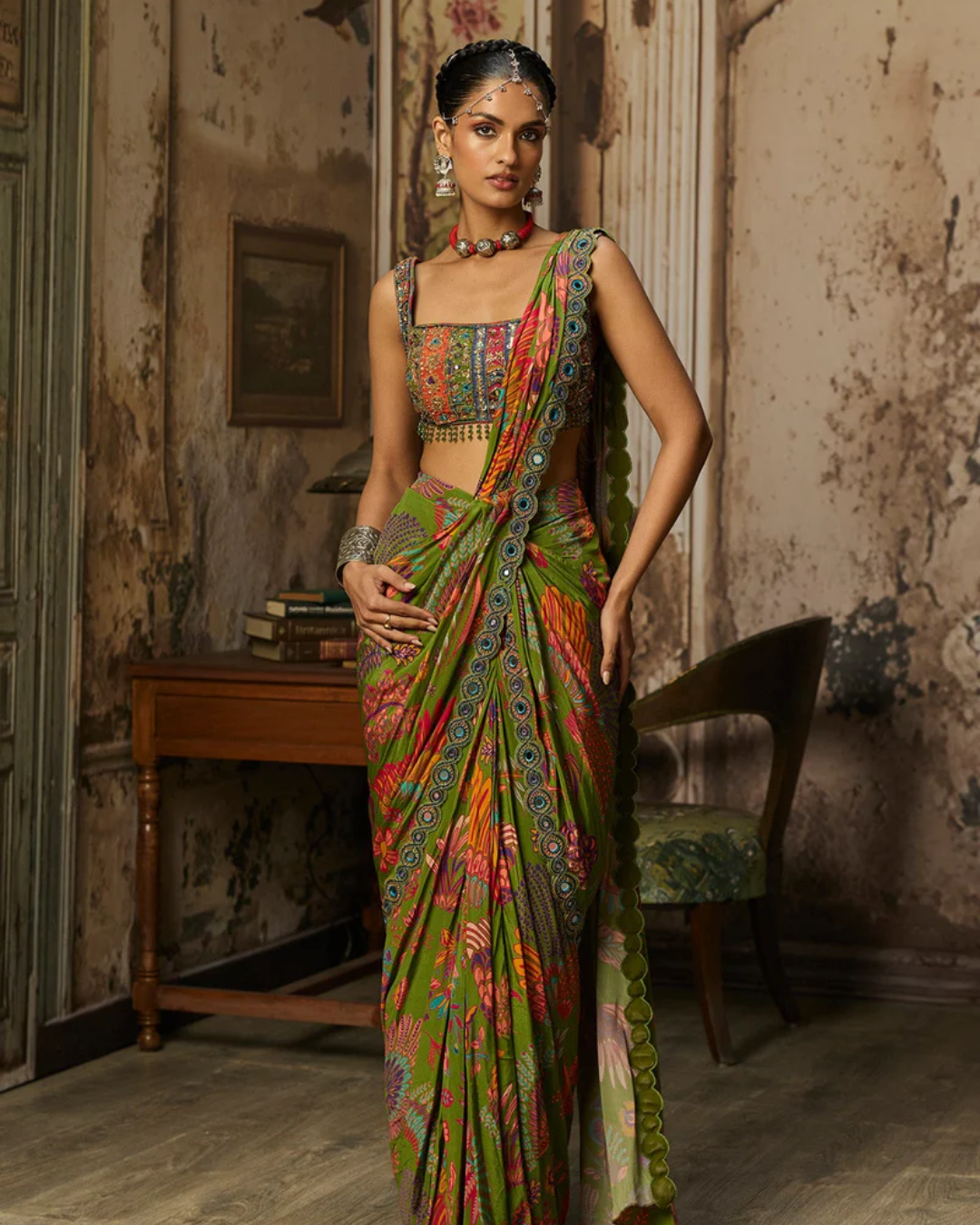 Diya Rajvvir - Pear Green Printed And Highlighted Pre-Draped Slit Skirt Saree Set from Bahaar