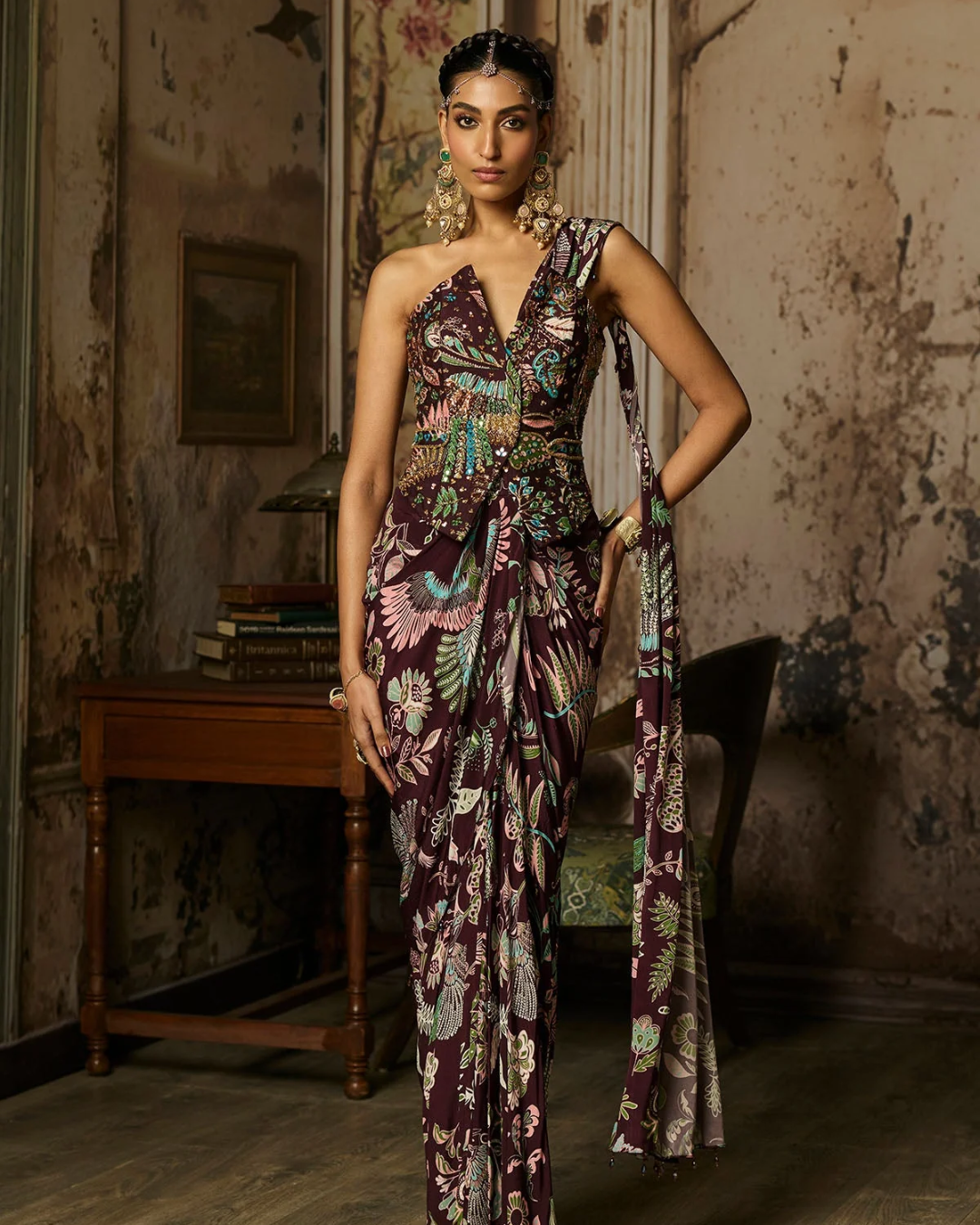Diya Rajvvir - Plum Printed And Highlighted Corset With Dhoti Skirt Saree Set from Bahaar