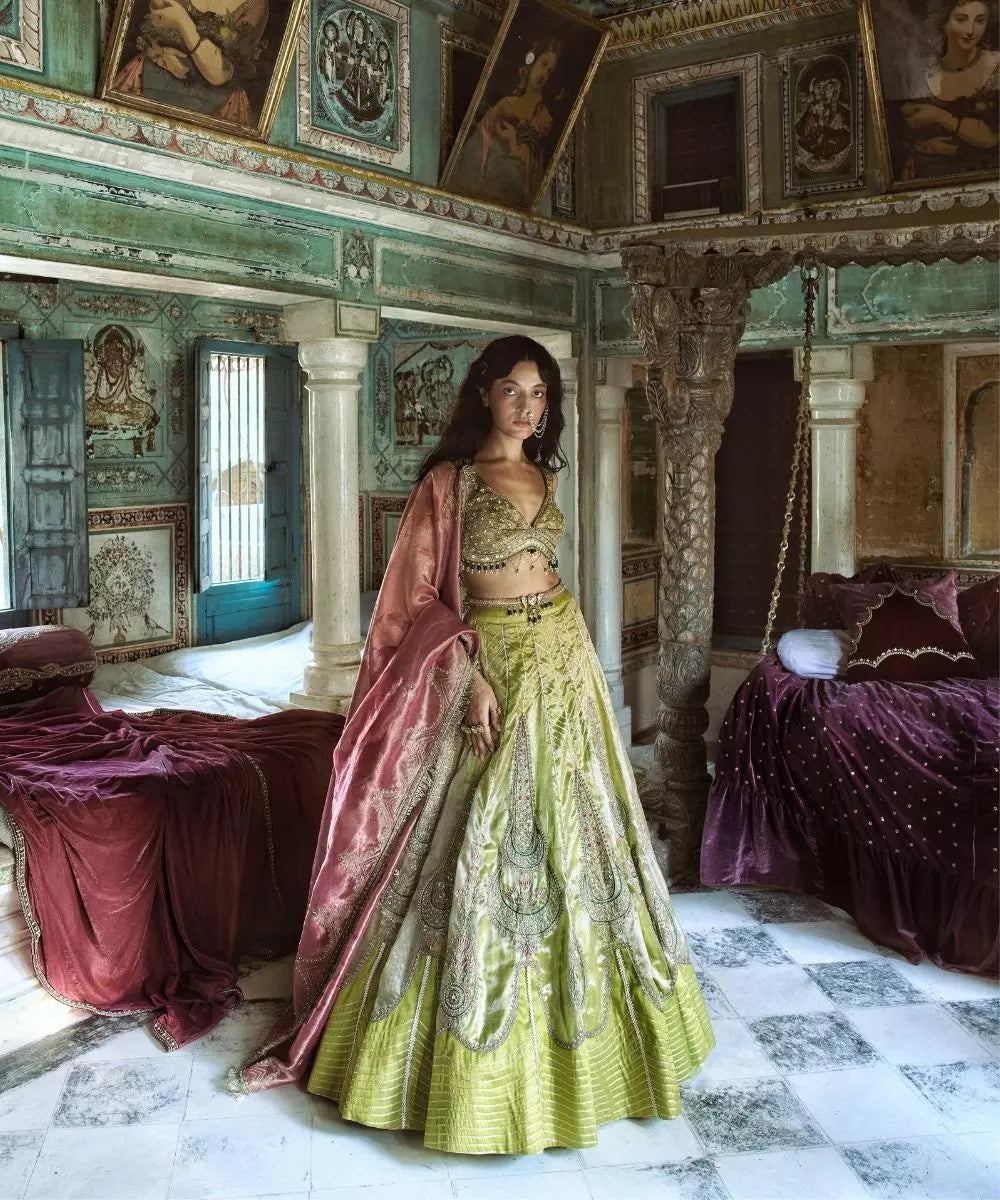 Aditi Gupta - Lemon Green Silk Zari tissue with Rose Pink tissue dupatta Lehenga Set